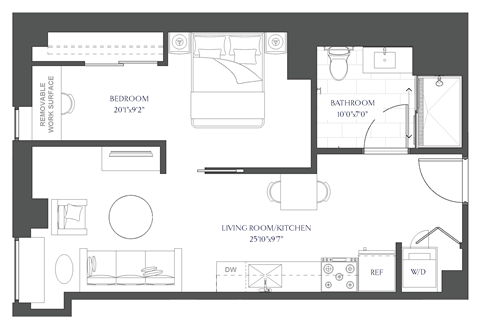 Floor plan for 1 bed, 1 bath, 615 sqft
